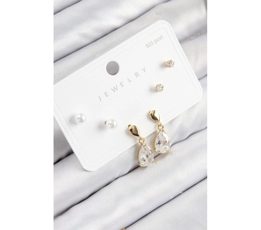 Pirinç Zirkon Taşlı Sallantılı Damla Model Gold Renk 925 Ayar Gümüş Çivi Kadın Küpe Set