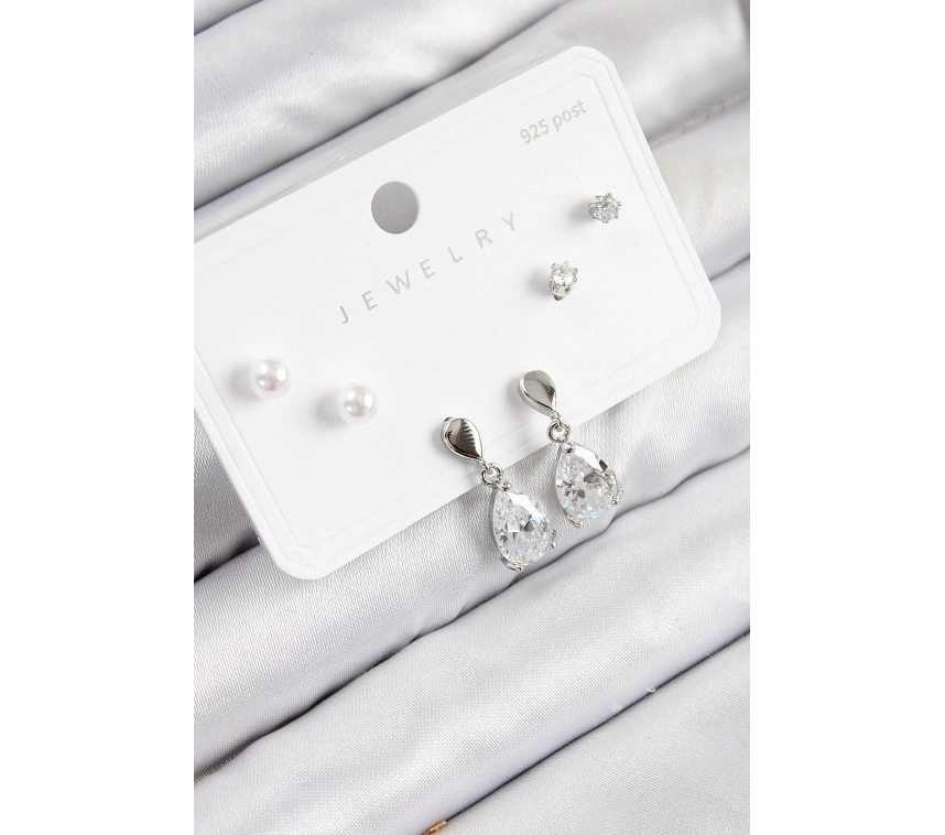 Pirinç Zirkon Taşlı Sallantılı Damla Model Gümüş Renk 925 Ayar Gümüş Çivi Kadın Küpe Set