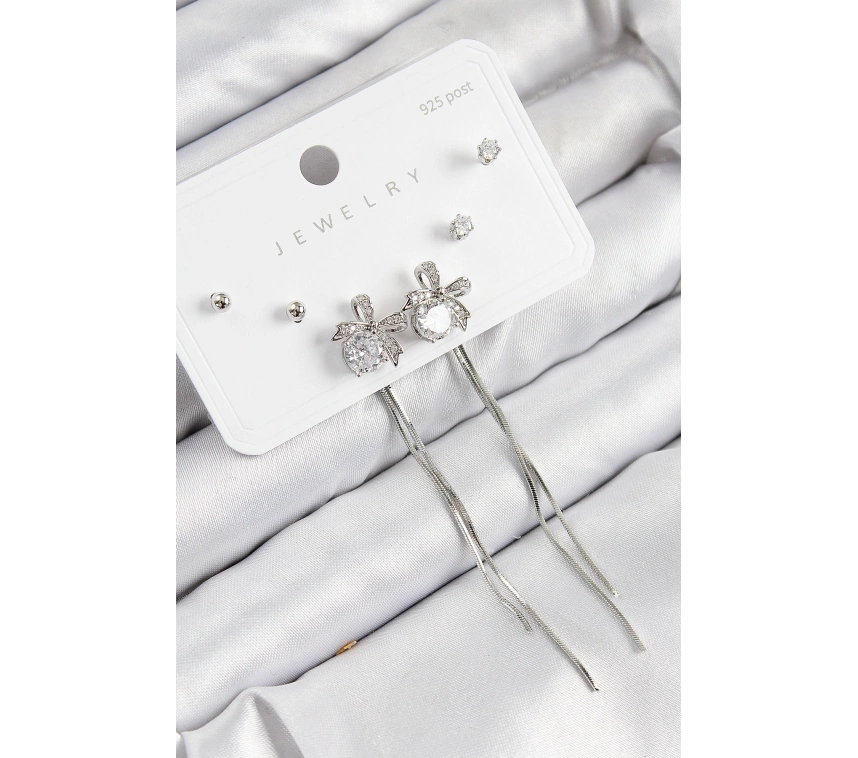 Pirinç Zirkon Taşlı Sallantılı Fiyonk Model Gümüş Renk 925 Ayar Gümüş Çivi Kadın Küpe Set