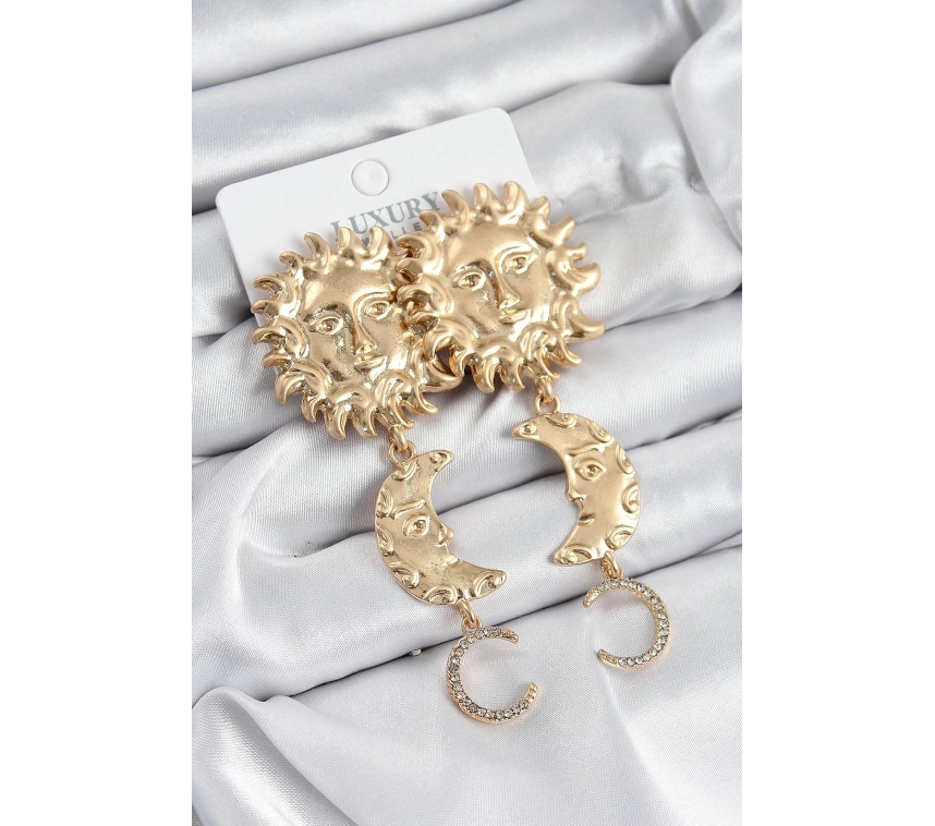 Pirinç Zirkon Taşlı Sallantılı Güneş Model Gold Renk Kadın Küpe