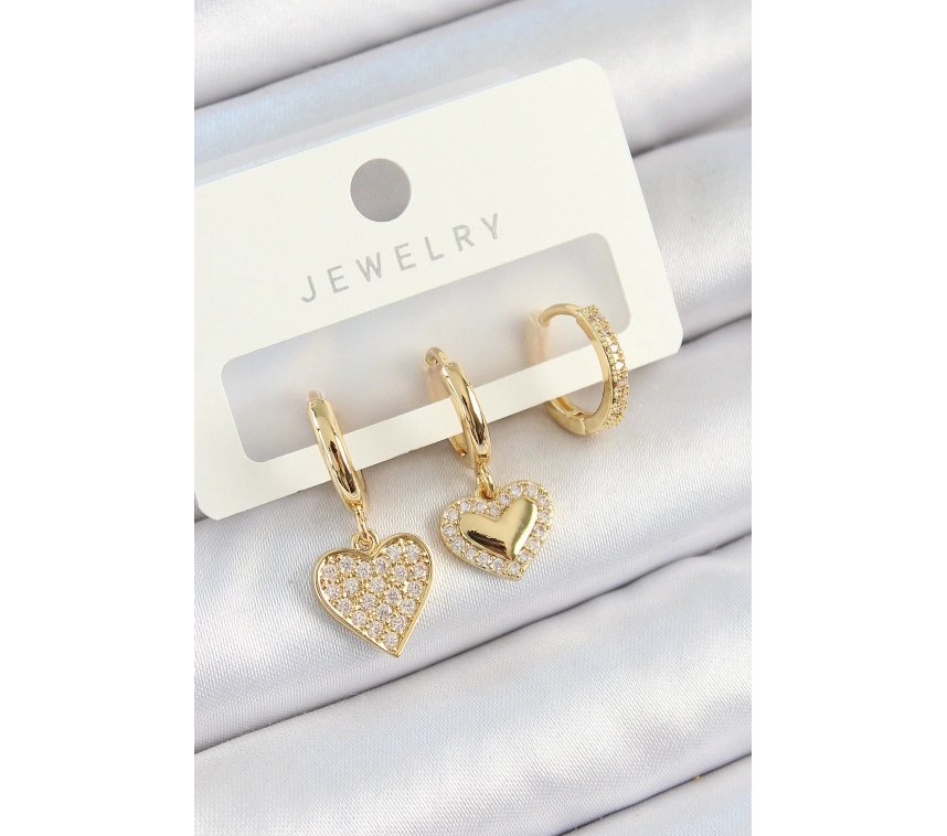 Pirinç Zirkon Taşlı Sallantılı Kalp Model Gold Renk 3lü Çift Kadın Küpe Set