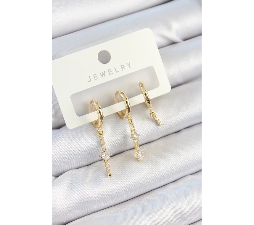 Pirinç Zirkon Taşlı Sallantılı Model Gold Renk 3lü Çift Kadın Küpe Set