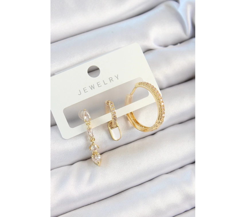 Pirinç Zirkon Taşlı Sallantılı Model Gold Renk 3lü Çift Kadın Küpe Set