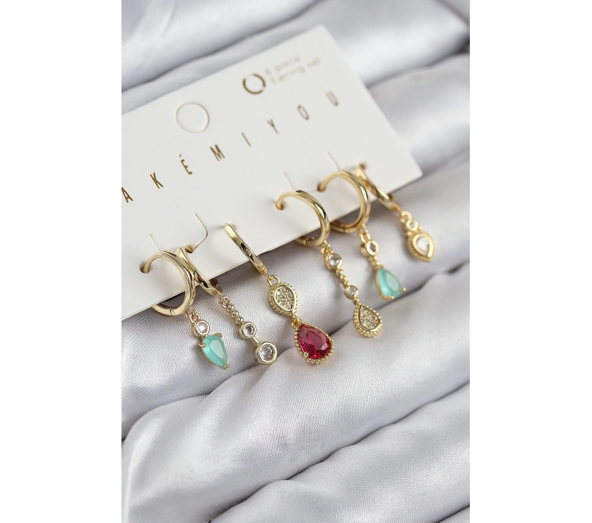Pirinç Zirkon Taşlı Sallantılı Model Gold Renk 6lı Küpe Set