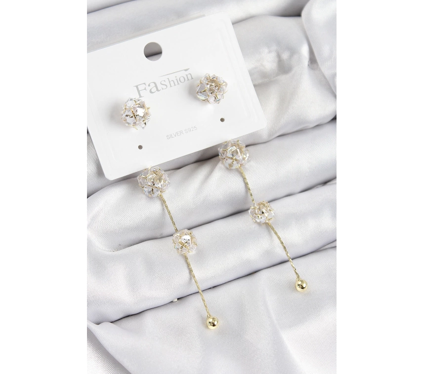 Pirinç Zirkon Taşlı Sallantılı  Model Gold Renk 925 Ayar Gümüş Çivi Kadın Küpe