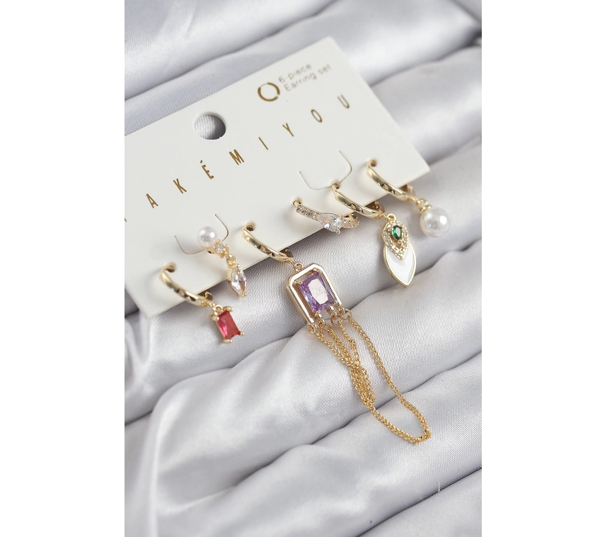 Pirinç Zirkon Taşlı Sallantılı Ve İncili Gold Renk 6lı Küpe Set