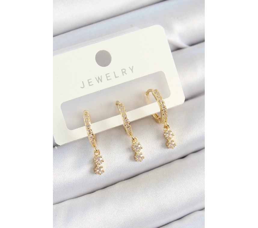 Pirinç Zirkon Taşlı Sallantılı Yıldız Model Gold Renk 3lü Çift Kadın Küpe Set