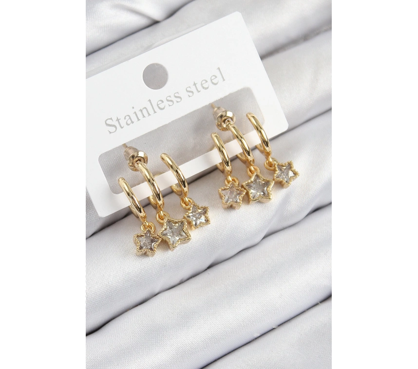 Pirinç Zirkon Taşlı Sallantılı Yıldız Model Gold Renk Kadın Küpe