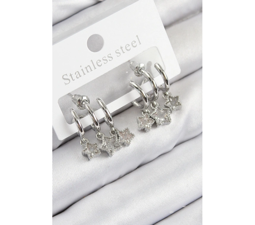 Pirinç Zirkon Taşlı Sallantılı Yıldız Model Gümüş Renk Kadın Küpe