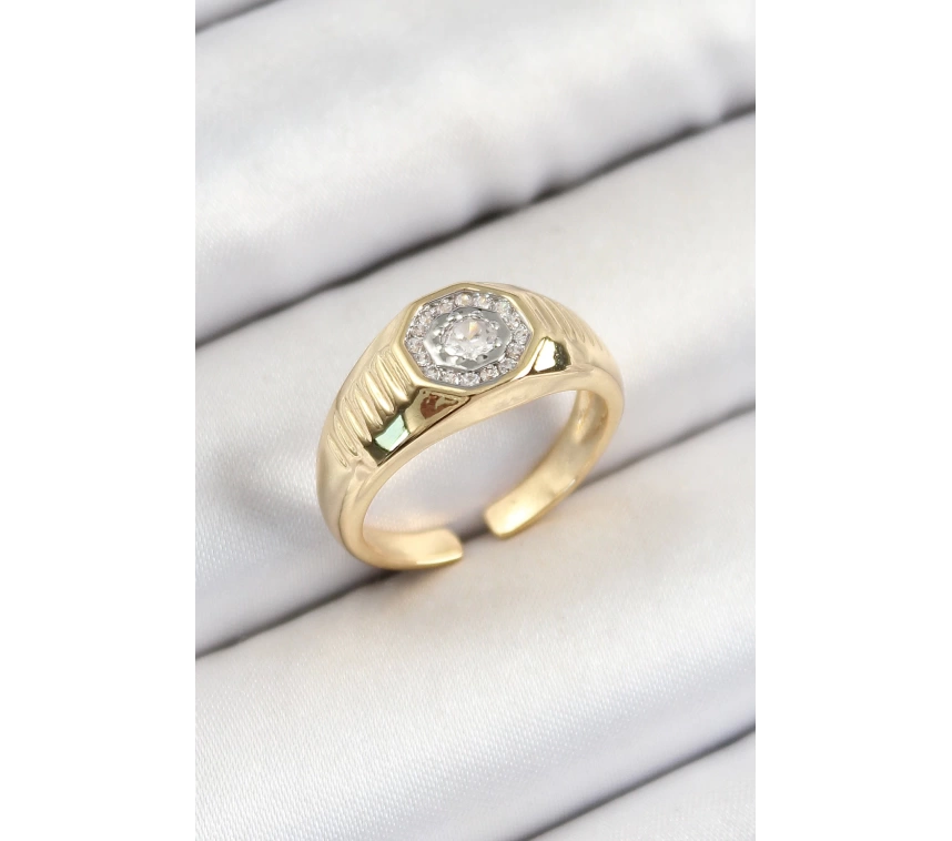 Pirinç Zirkon Taşlı Sekizgen Model Gold Renk Kadın Yüzük