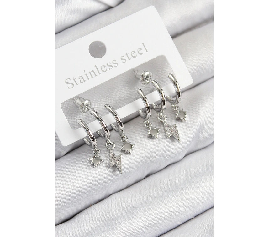 Pirinç Zirkon Taşlı Şimşek Model Gümüş Renk Kadın Küpe