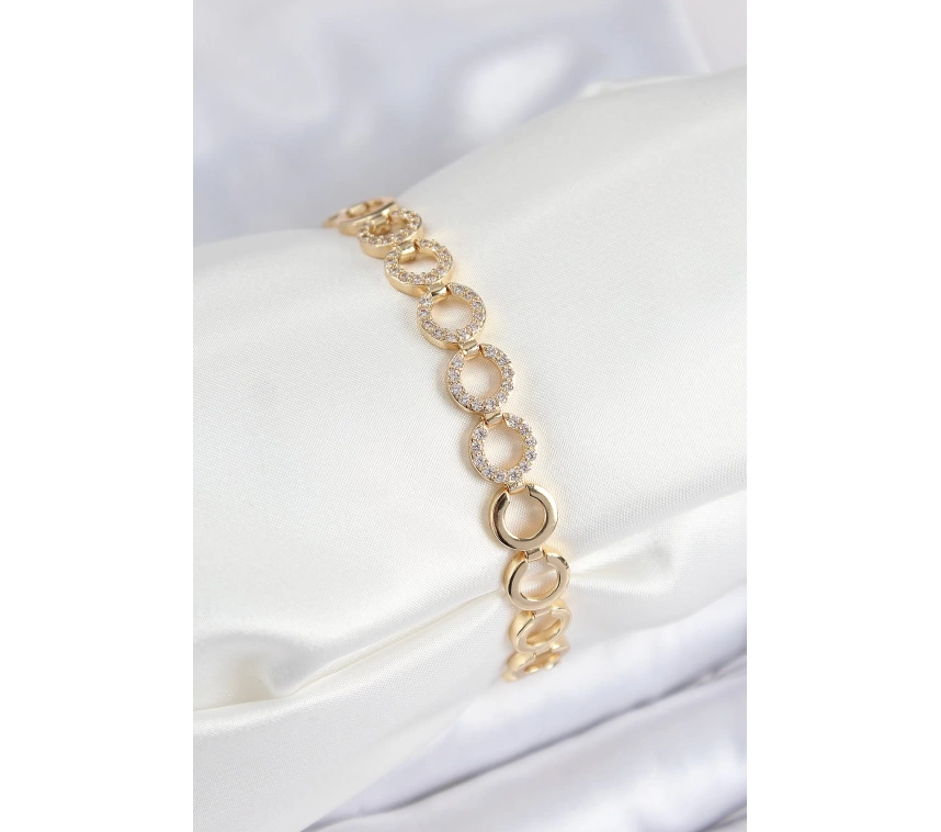 Pirinç Zirkon Taşlı Sıralı Halka Model Gold Renk Kadın Bileklik