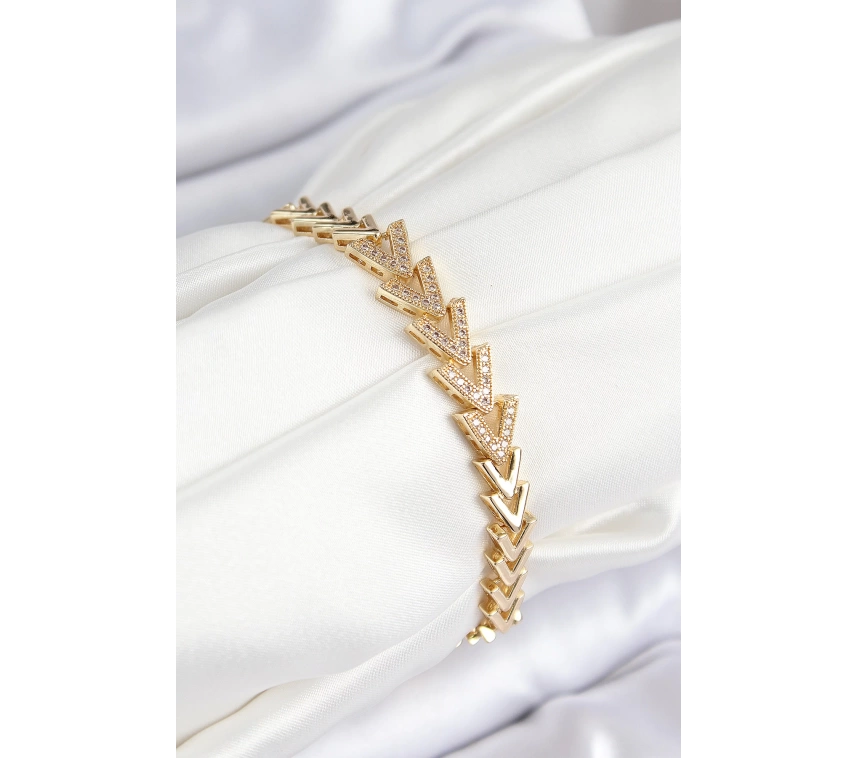 Pirinç Zirkon Taşlı Sıralı Ok Model Gold Renk Kadın Bileklik