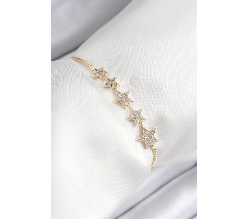 Pirinç Zirkon Taşlı Sıralı Yıldız Model Gold Renk Asansörlü Kadın Bileklik