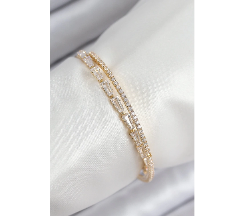Pirinç Zirkon Taşlı Su Yolu Model Gold Renk Kadın Bileklik