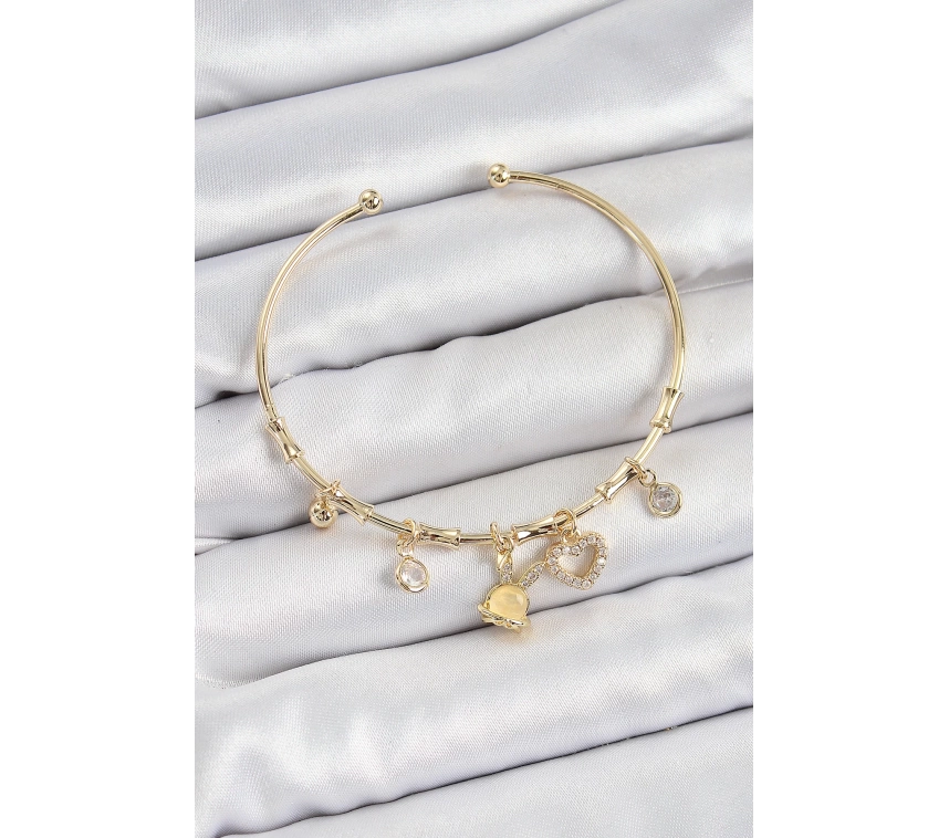 Pirinç Zirkon Taşlı Tavşan Ve Kalp Model Gold Renk Charm Bileklik