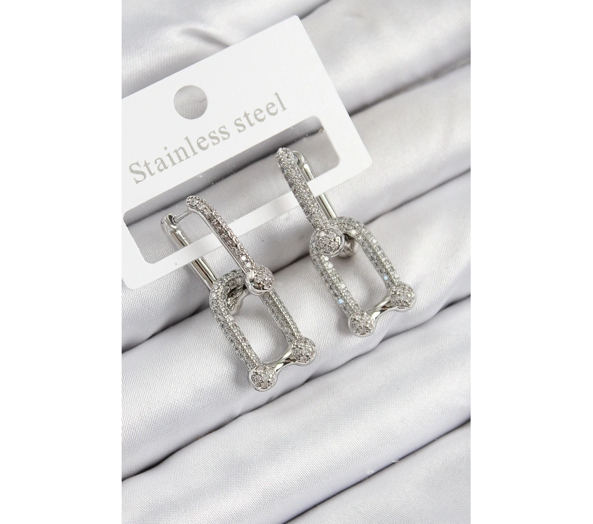 Pirinç Zirkon Taşlı Tifany Model Gümüş Renk Kadın Küpe