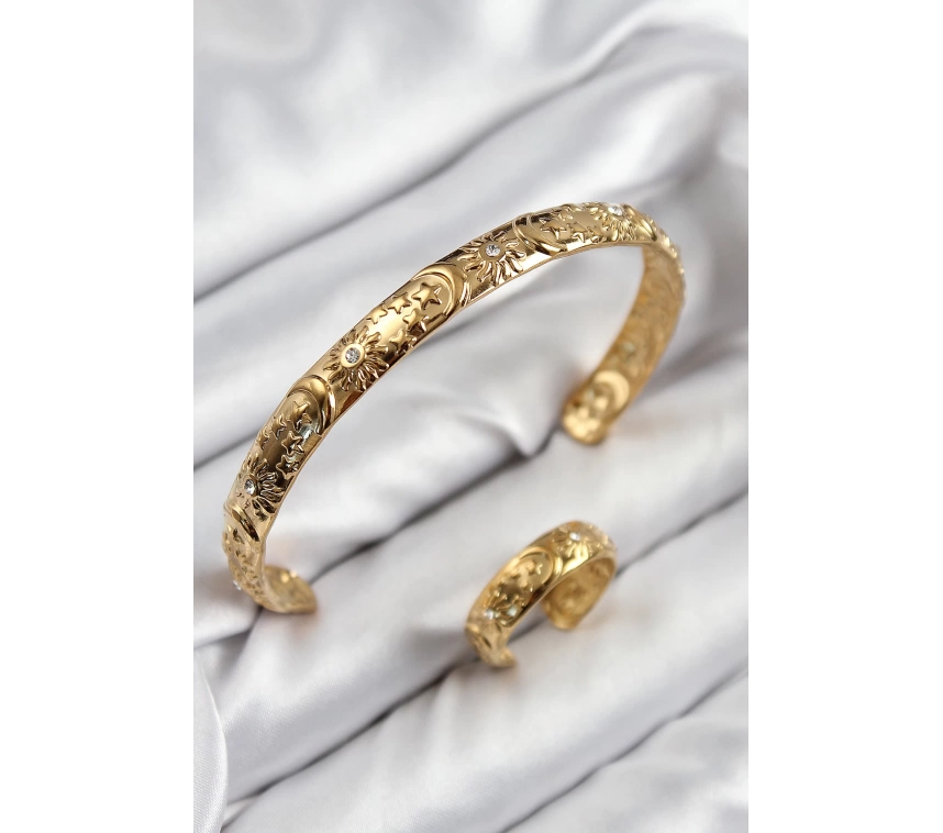 Pirinç Zirkon Taşlı Vintage Model Gold Renk Bileklik Yüzük Set