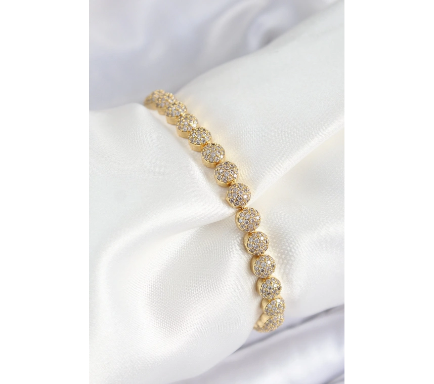 Pirinç Zirkon Taşlı Yarım Topcuk Model Gold Renk VIP Seri Kadın Bileklik
