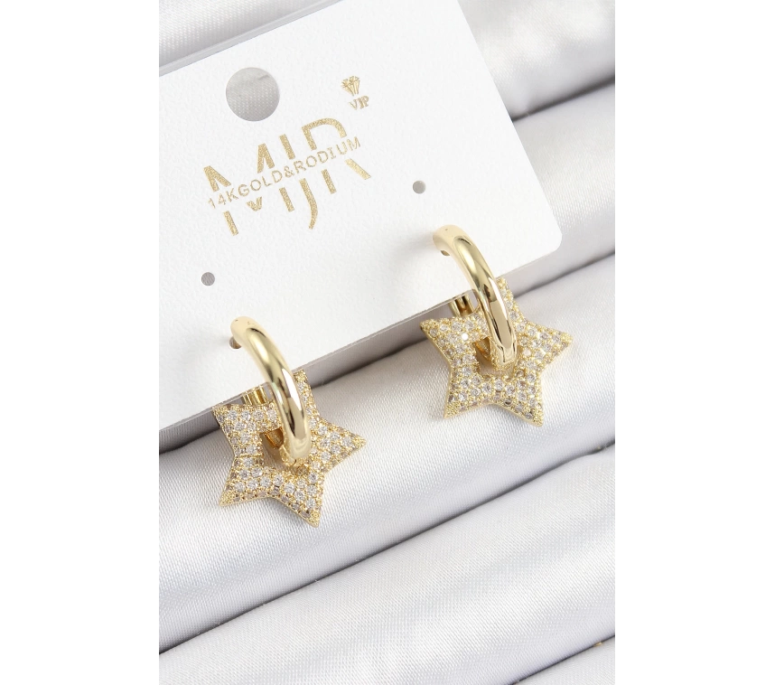 Pirinç Zirkon Taşlı Yıldız Figürlü Halka Model Gold Renk Kadın Küpe