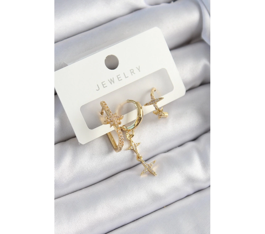 Pirinç Zirkon Taşlı Yıldız Model Gold Renk 3lü Çift Kadın Küpe Set