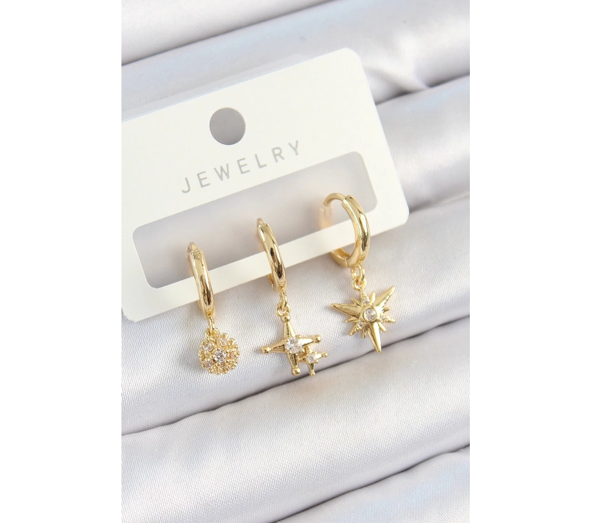 Pirinç Zirkon Taşlı Yıldız Model Gold Renk 3lü Çift Kadın Küpe Set