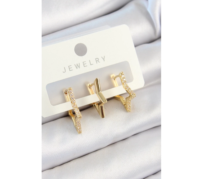 Pirinç Zirkon Taşlı Yıldız Model Gold Renk 3lü Çift Kadın Küpe Set