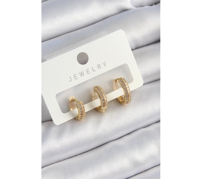 Pirinç Zirkon Taşlı Yıldız Model Gold Renk 3lü Çift Kadın Küpe Set