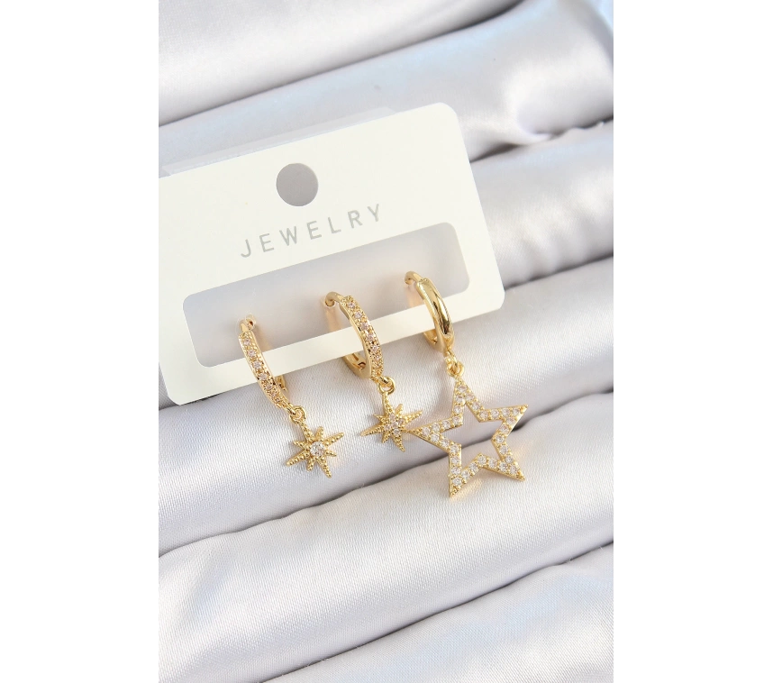 Pirinç Zirkon Taşlı Yıldız Model Gold Renk 3lü Çift Kadın Küpe Set