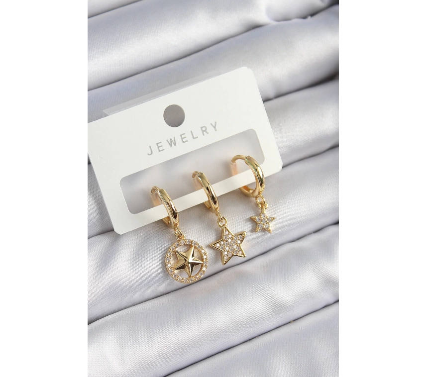 Pirinç Zirkon Taşlı Yıldız Model Gold Renk 3lü Çift Kadın Küpe Set