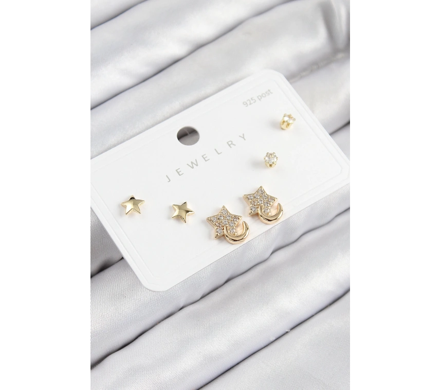 Pirinç Zirkon Taşlı Yıldız Model Gold Renk 925 Ayar Gümüş Çivi Kadın Küpe Set