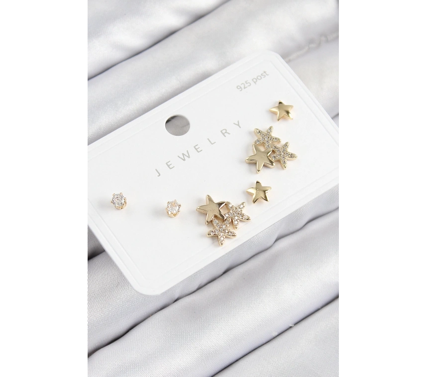 Pirinç Zirkon Taşlı Yıldız Model Gold Renk 925 Ayar Gümüş Çivi Kadın Küpe Set