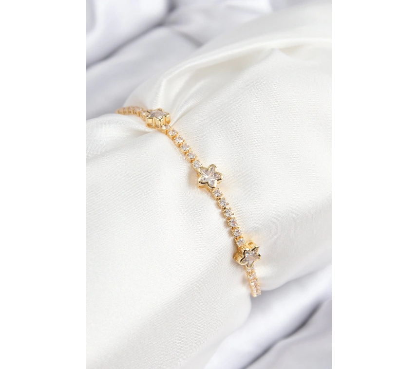 Pirinç Zirkon Taşlı Yıldız Model Gold Renk Asansörlü Kadın Bileklik