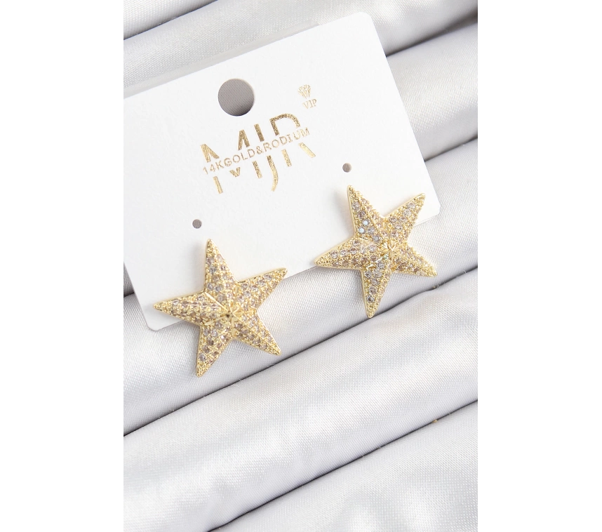 Pirinç Zirkon Taşlı Yıldız Model Gold Renk Kadın Küpe