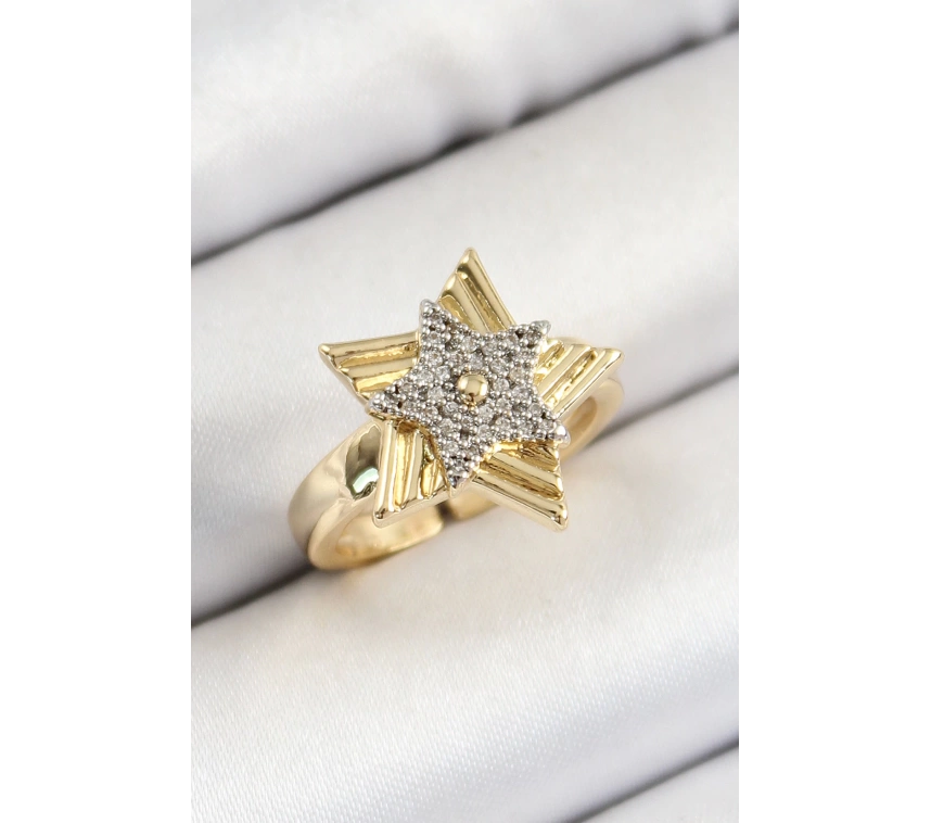 Pirinç Zirkon Taşlı Yıldız Model Gold Ve Gümüş Renk Kadın Yüzük