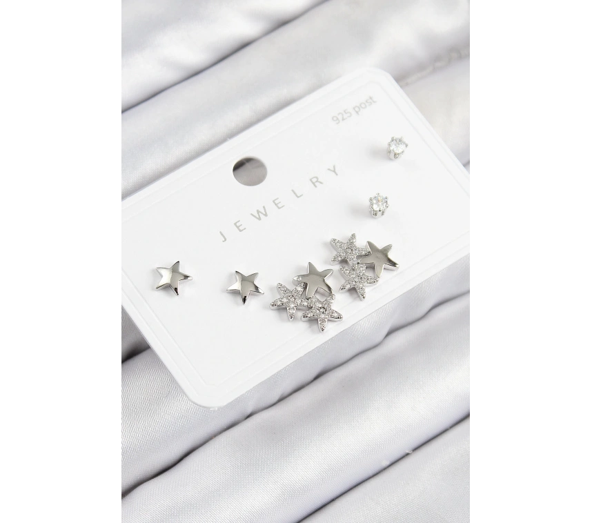 Pirinç Zirkon Taşlı Yıldız Model Gümüş Renk 925 Ayar Gümüş Çivi Kadın Küpe Set