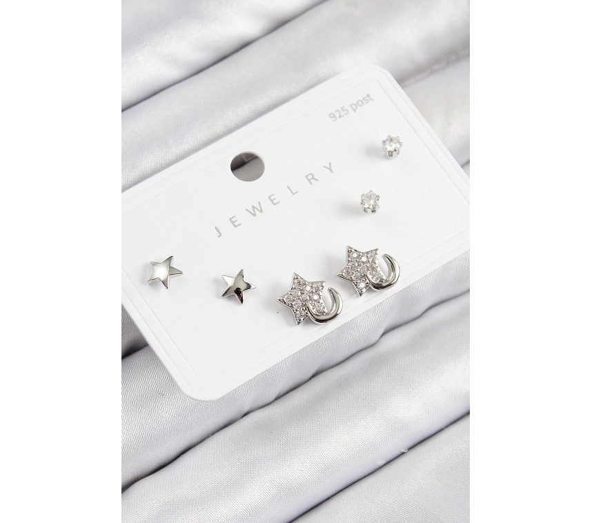 Pirinç Zirkon Taşlı Yıldız Model Gümüş Renk 925 Ayar Gümüş Çivi Kadın Küpe Set