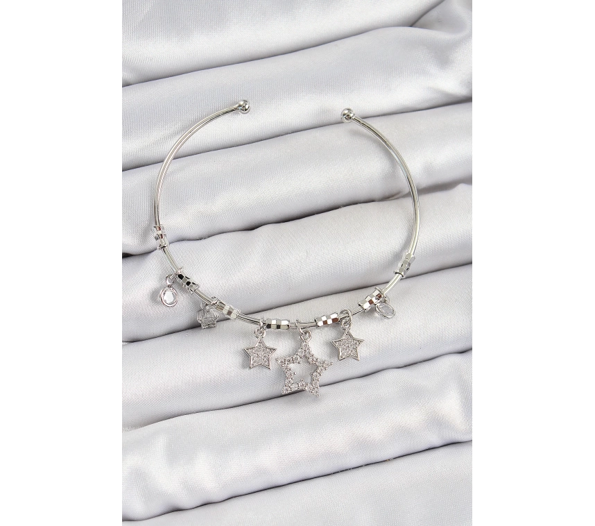 Pirinç Zirkon Taşlı Yıldız Model Gümüş Renk Charm Bileklik