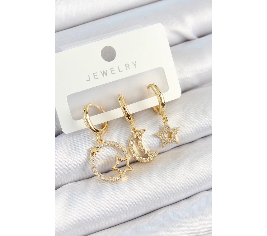 Pirinç Zirkon Taşlı Yıldız Ve Ay Model Gold Renk 3lü Çift Kadın Küpe Set