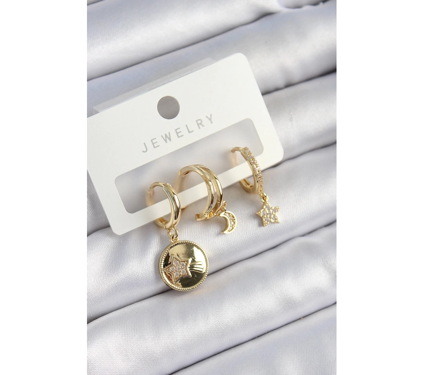 Pirinç Zirkon Taşlı Yıldız Ve Ay Model Gold Renk 3lü Çift Kadın Küpe Set