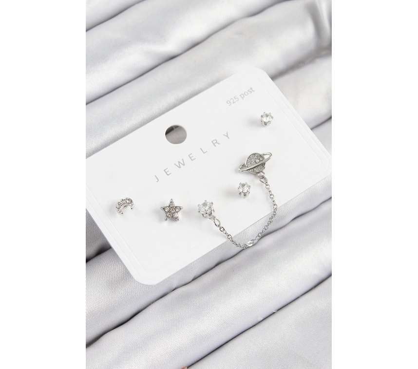 Pirinç Zirkon Taşlı Yıldız Ve Gezegen Model Gümüş Renk 925 Ayar Gümüş Çivi Kadın Küpe Set