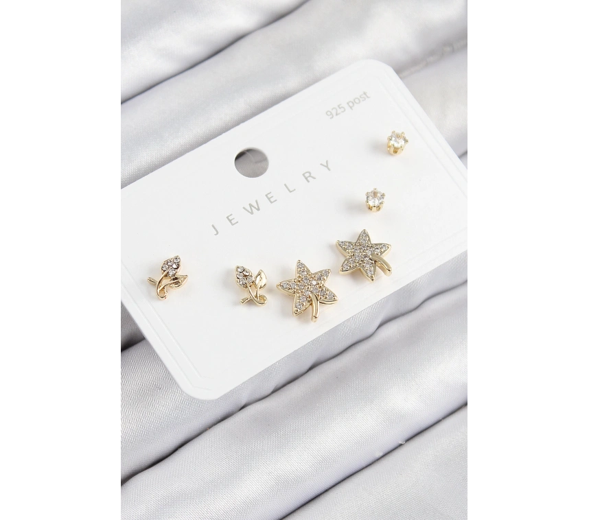 Pirinç Zirkon Taşlı Yıldız Ve Gül Model Gold Renk 925 Ayar Gümüş Çivi Kadın Küpe Set