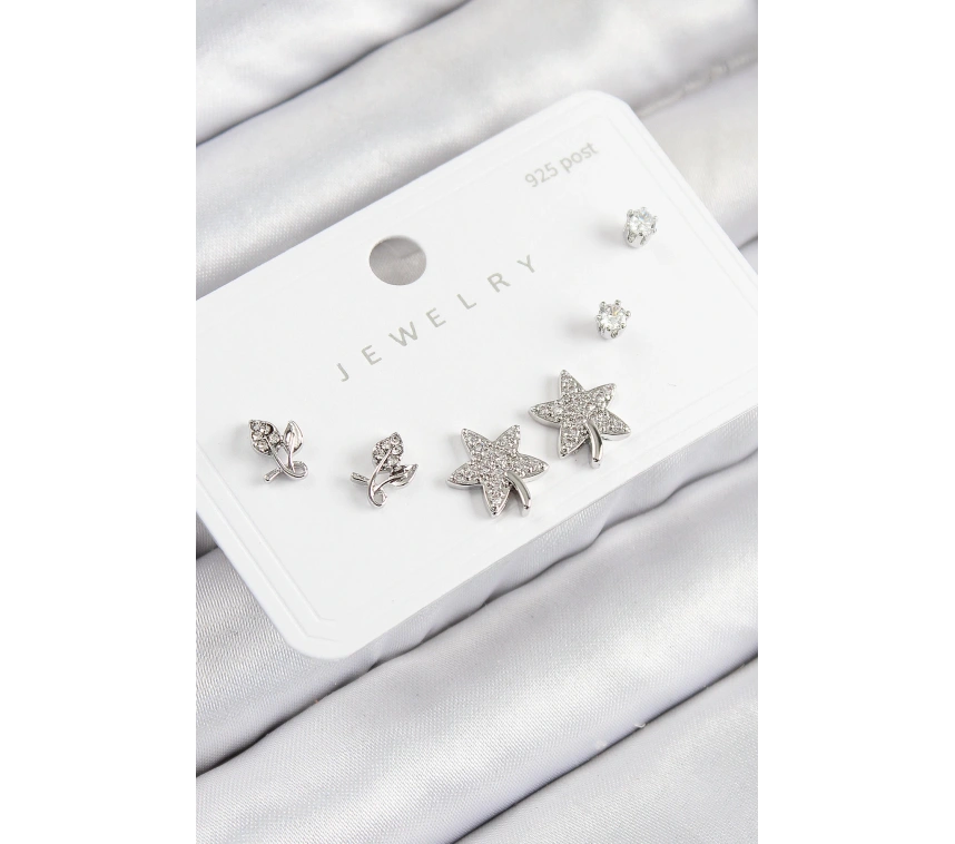 Pirinç Zirkon Taşlı Yıldız Ve Gül Model Gümüş Renk 925 Ayar Gümüş Çivi Kadın Küpe Set