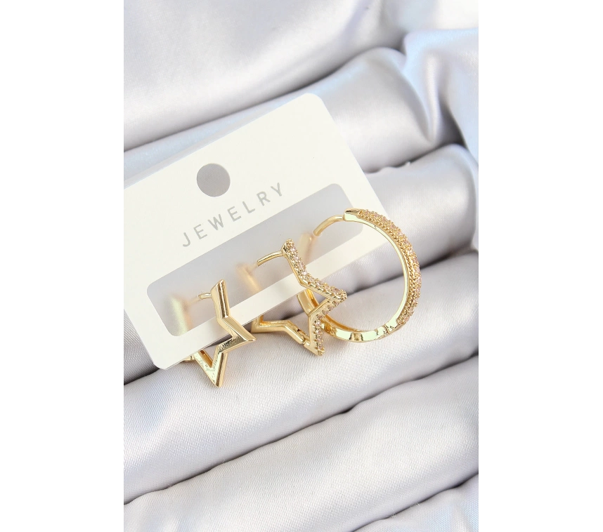 Pirinç Zirkon Taşlı Yıldız Ve Halka Model Gold Renk 3lü Çift Kadın Küpe Set
