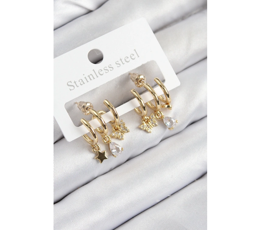 Pirinç Zirkon Taşlı Yıldız Ve Kelebek Model Gold Renk Kadın Küpe
