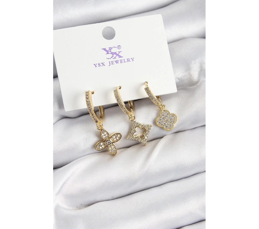Pirinç Zİrkon Taşlı Yonca Model Gold Renk 3lü Kadın Küpe