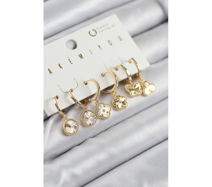 Pirinç Zirkon Taşlı Yonca Model Gold Renk 6lı Küpe Set