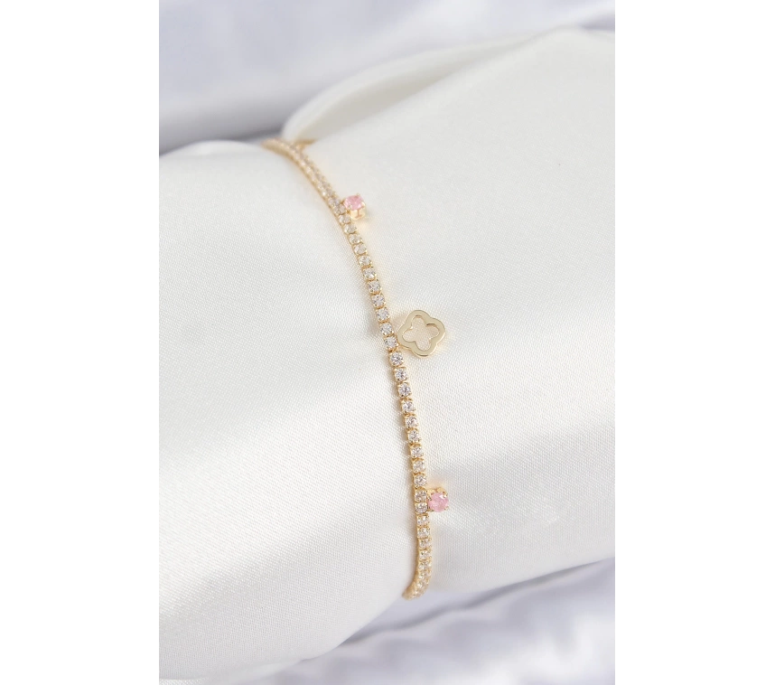 Pirinç Zirkon Taşlı Yonca Model Gold Renk Kadın Bilekilk
