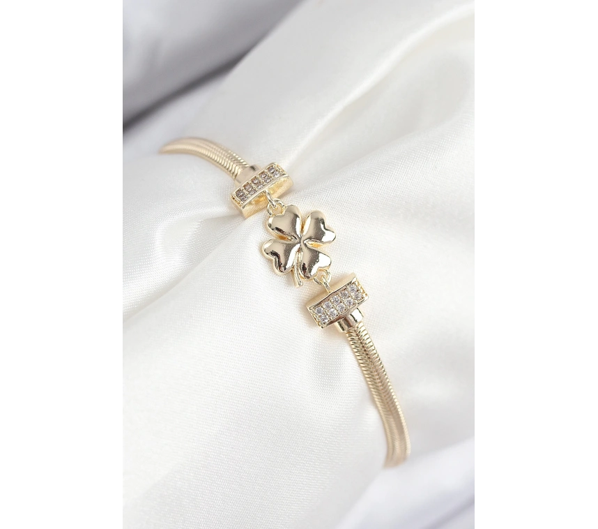 Pirinç Zirkon Taşlı Yonca Model Gold Renk Kadın Bileklik