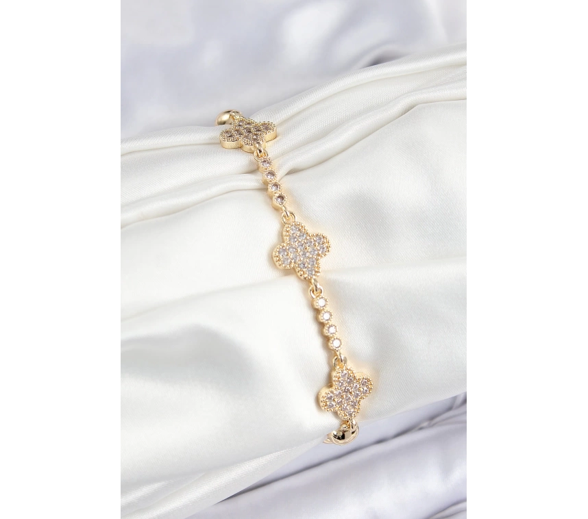 Pirinç Zirkon Taşlı Yonca Model Gold Renk Kadın Bileklik